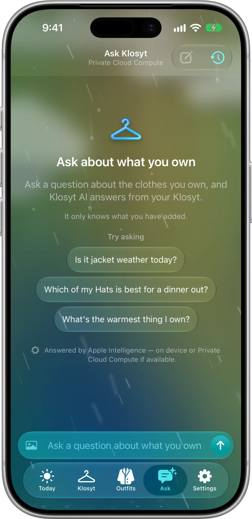 The Ask tab on iPhone before the first question: suggestions to tap, and a field to ask in your own words