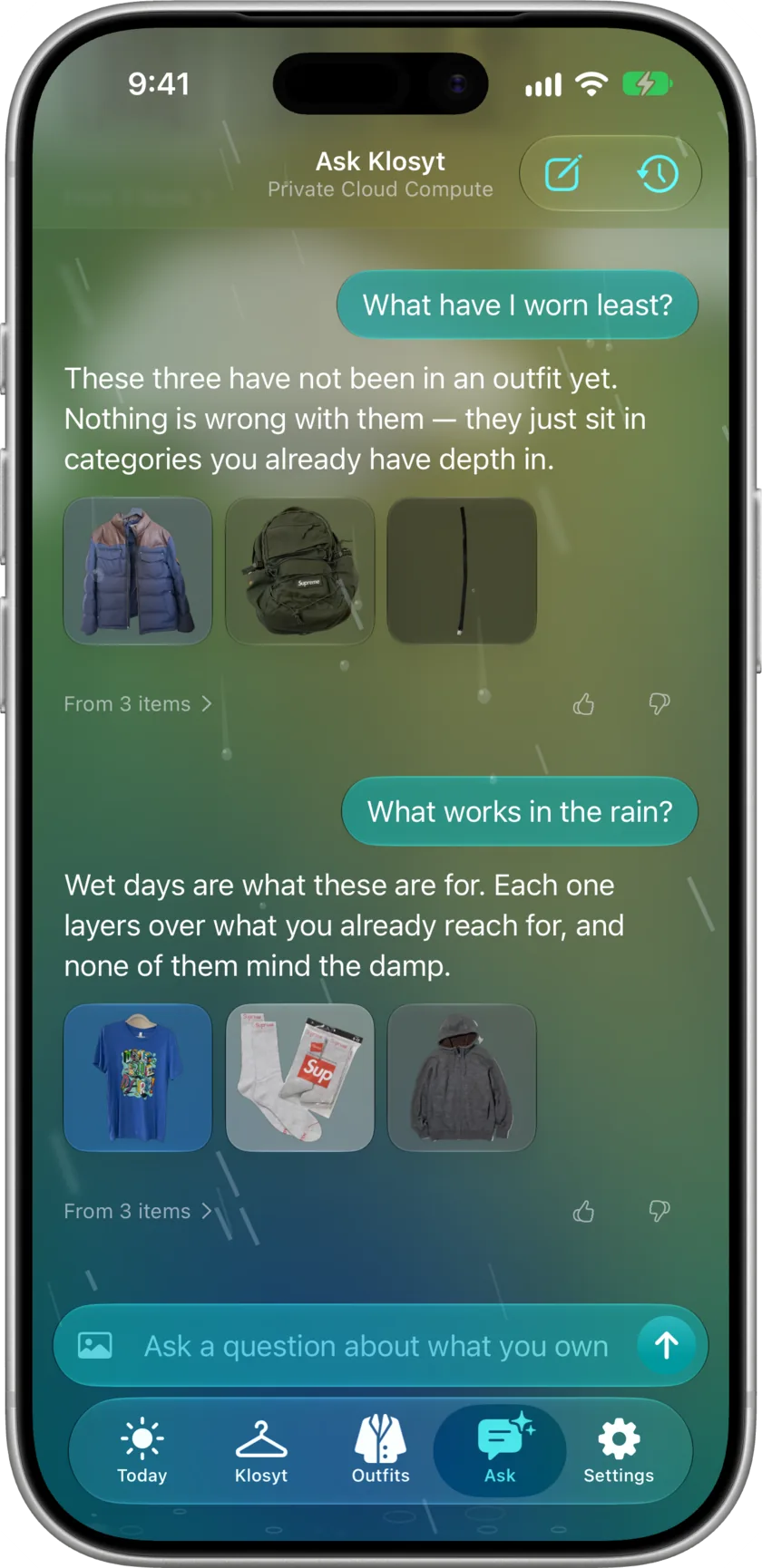 The Ask tab on iPhone answering a question about the closet, with the pieces it drew on shown as tiles