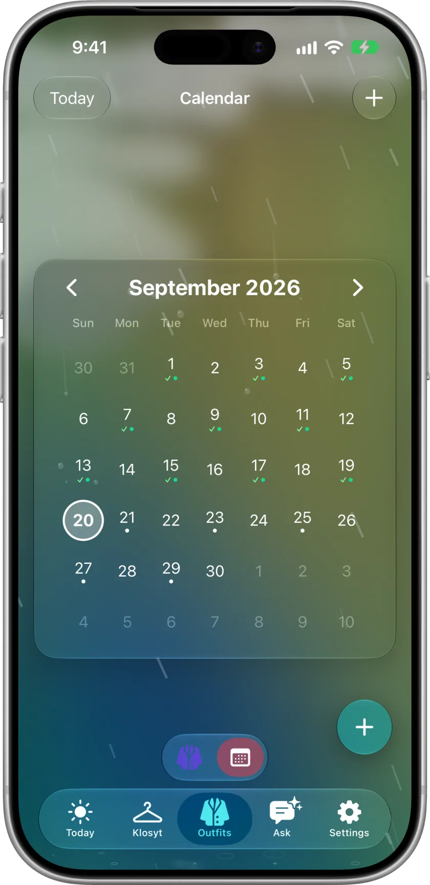 The Outfits tab's calendar on iPhone: the current month with today circled