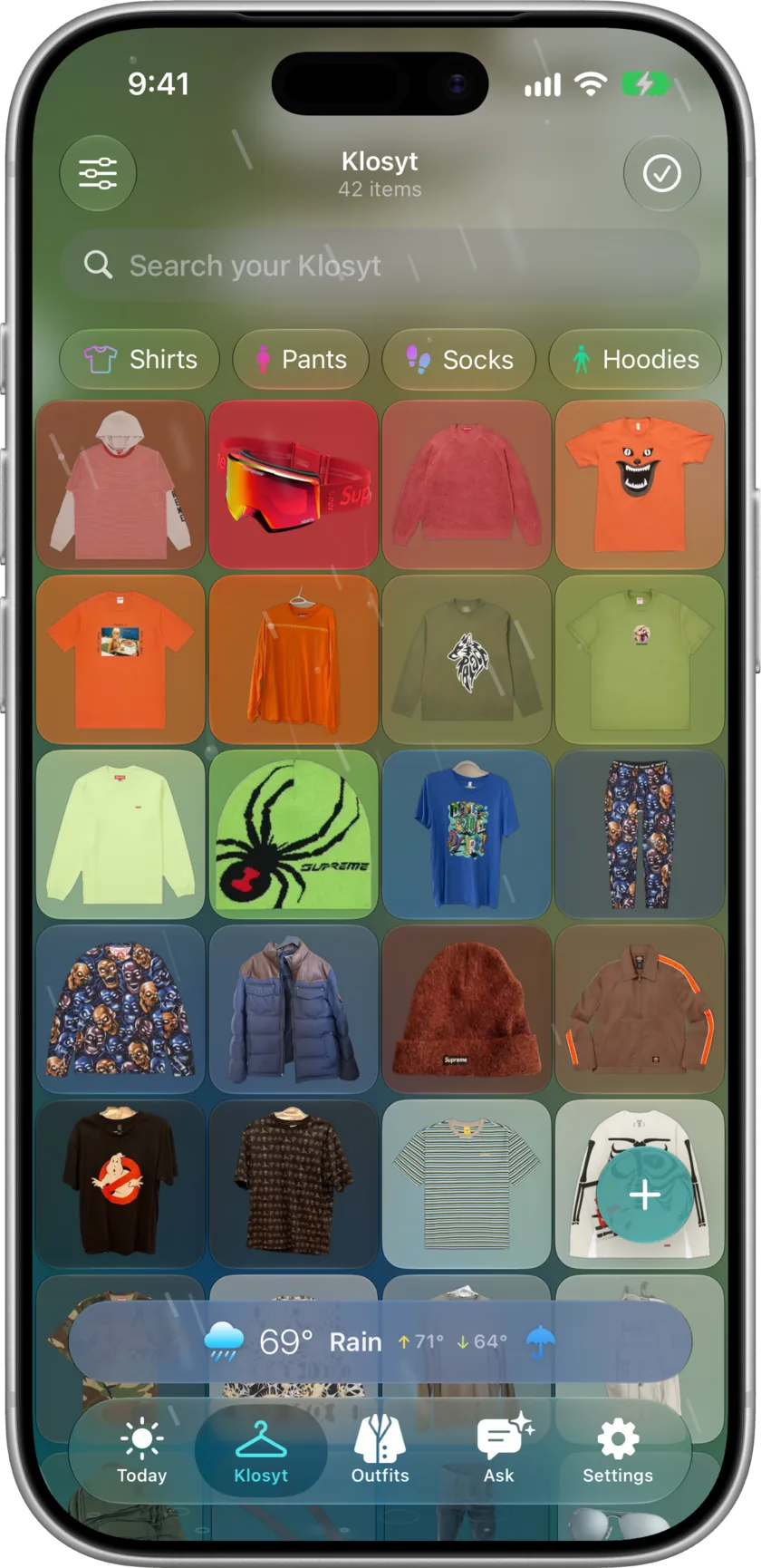 The Klosyt tab on iPhone: a grid of 46 closet items under category filter chips