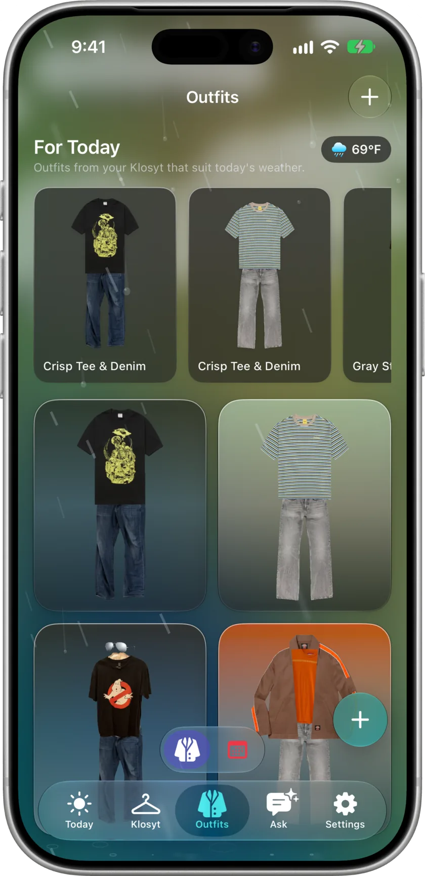 The Outfits tab on iPhone: a For Today row of suggested looks above saved outfits